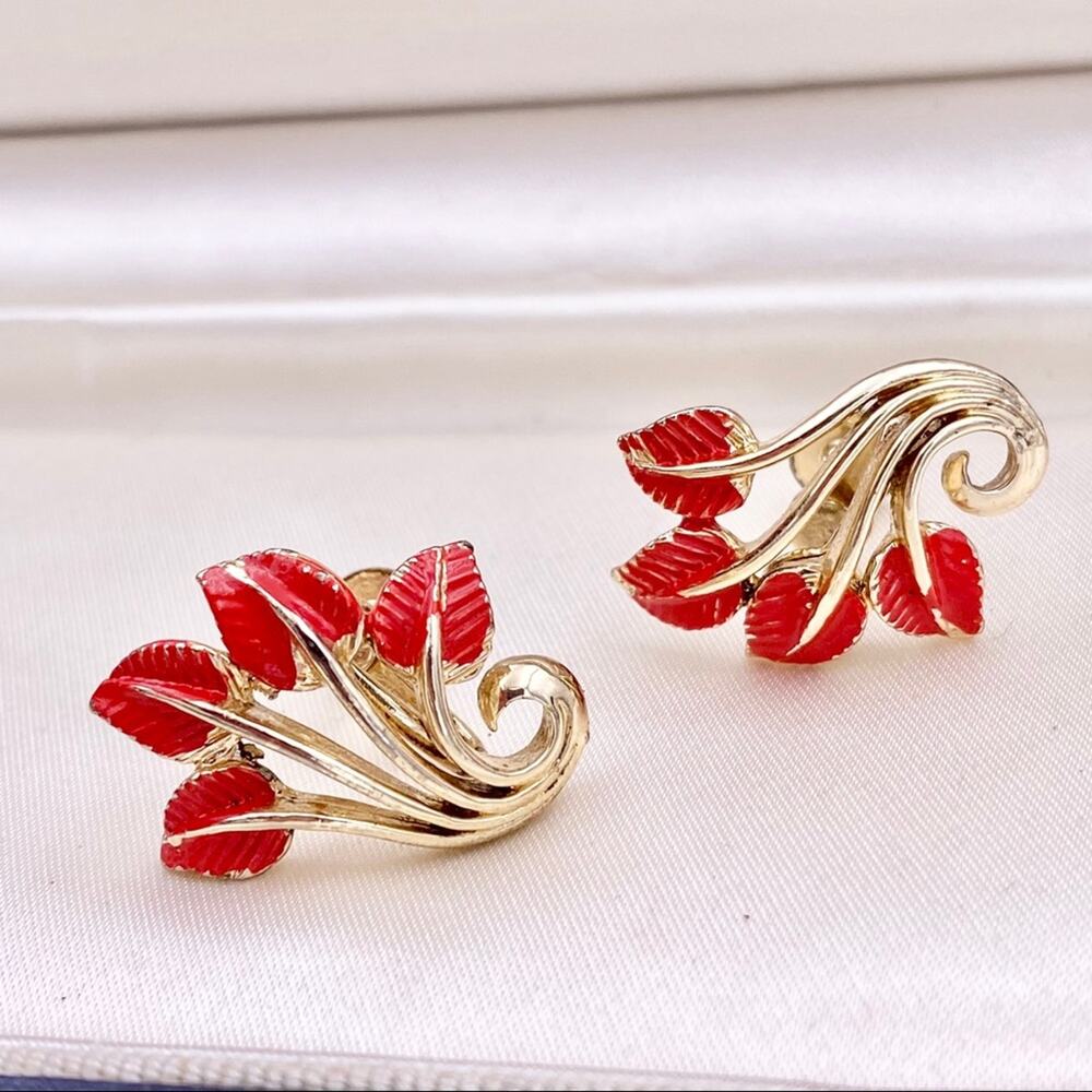 CORO Mid Century Vintage Red Leaf Enamel Abstract Earrings